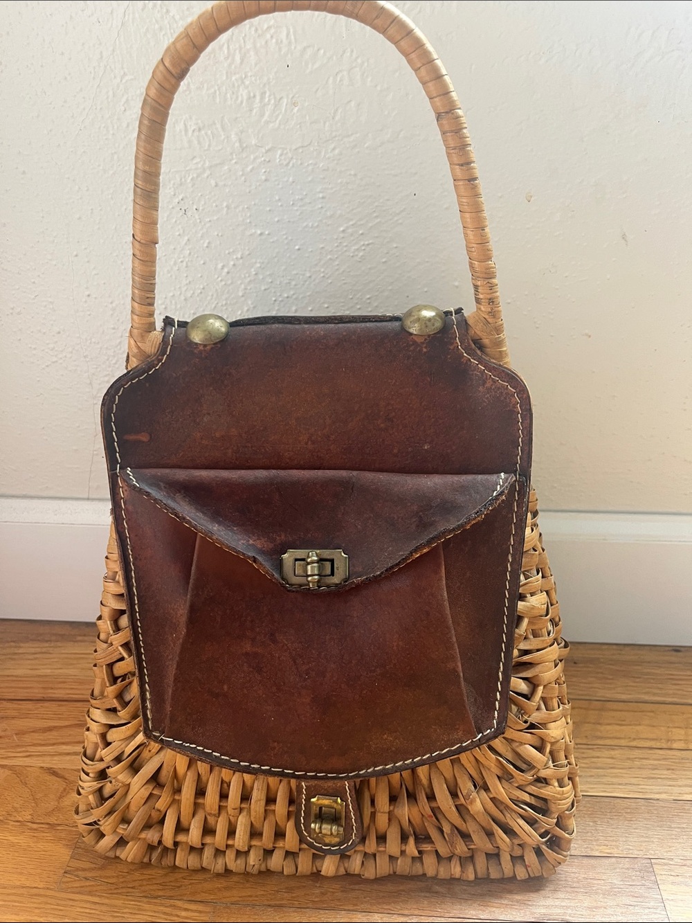 Vintage Embassy Made in Italy Woven Rattan & Brown Leather Top-Handle Bag